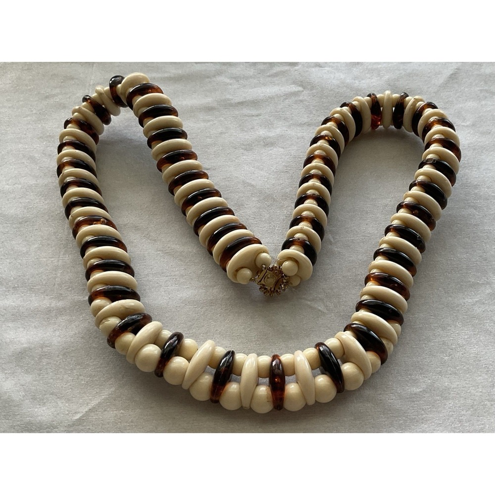 Vintage Designer William Delillo Amber & Cream Color Beaded Chunky Necklace